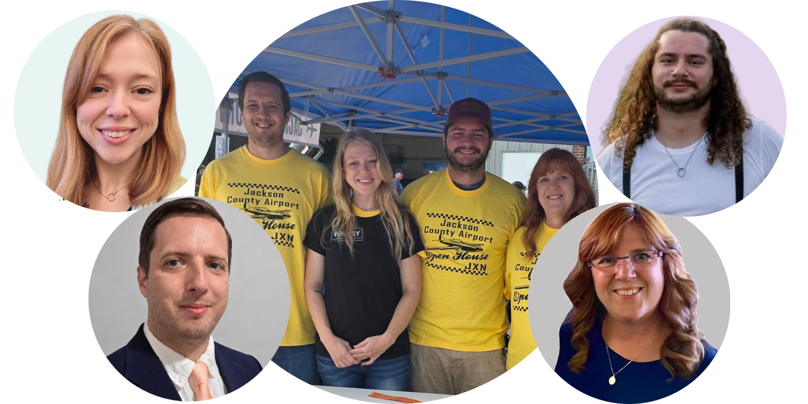 Whimsy team portraits surrounding a group photo of volunteers at the Jackson County Airport Open House.